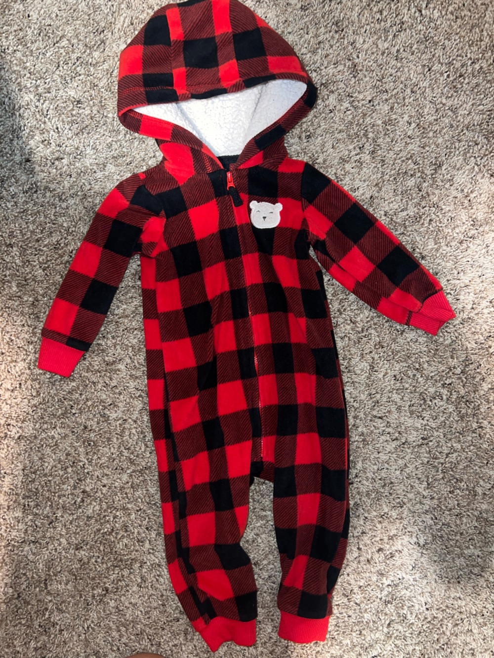 Carters Red and Black Buffalo Plaid Kids Baby onesie Fleece 12m Christmas
